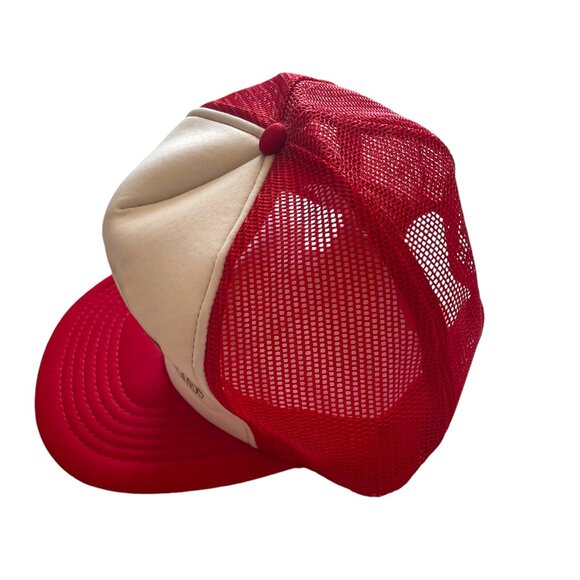 Vintage 80s 1000 Islands Foam Mesh Snap Back Trucker Hat Cap Red Rainbow Stripe - Picture 2 of 5